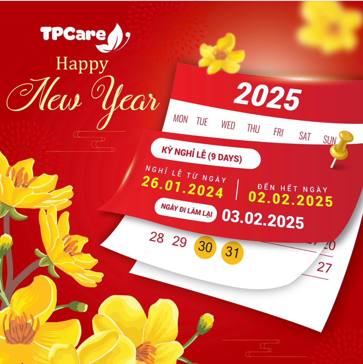 THÔNG BÁO LỊCH NGHỈ TẾT NGUYÊN ĐÁN 2025